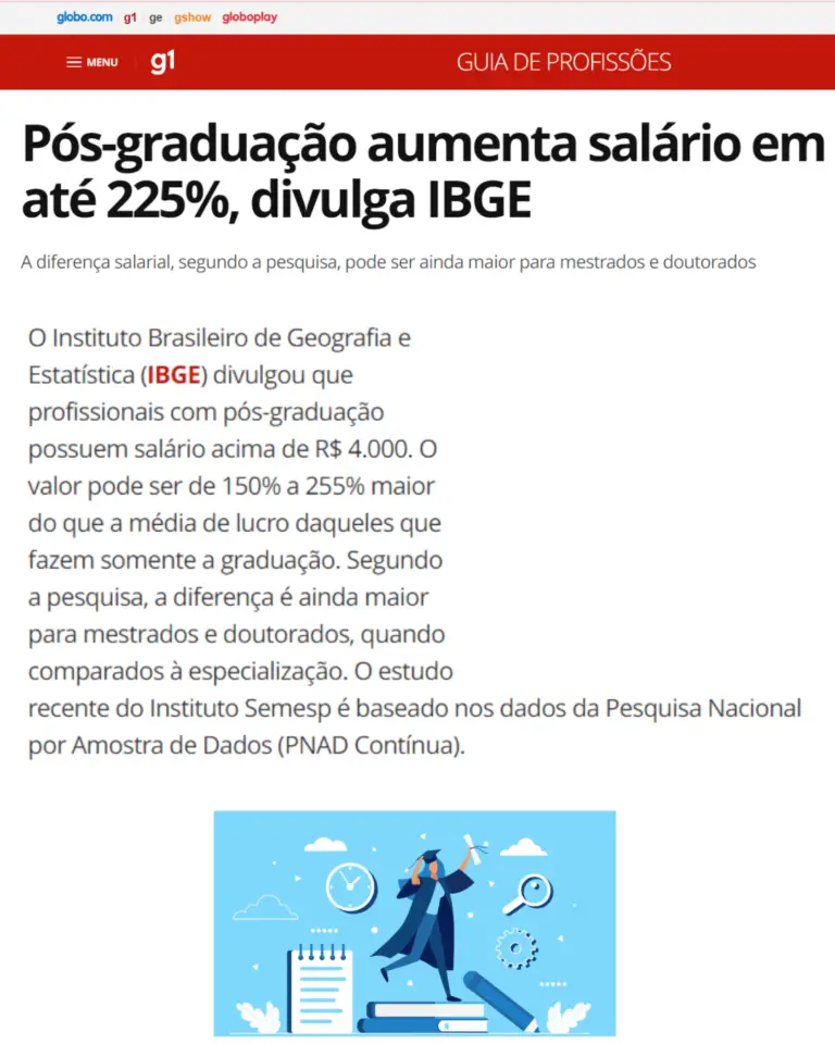 Notícia do G1: Pós-graduação aumenta salário em até 225%, segundo IBGE